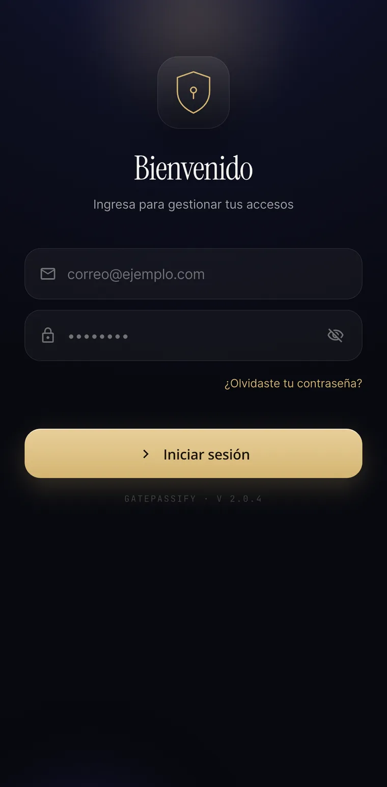 Pantalla de Inicio en la app GatePassify