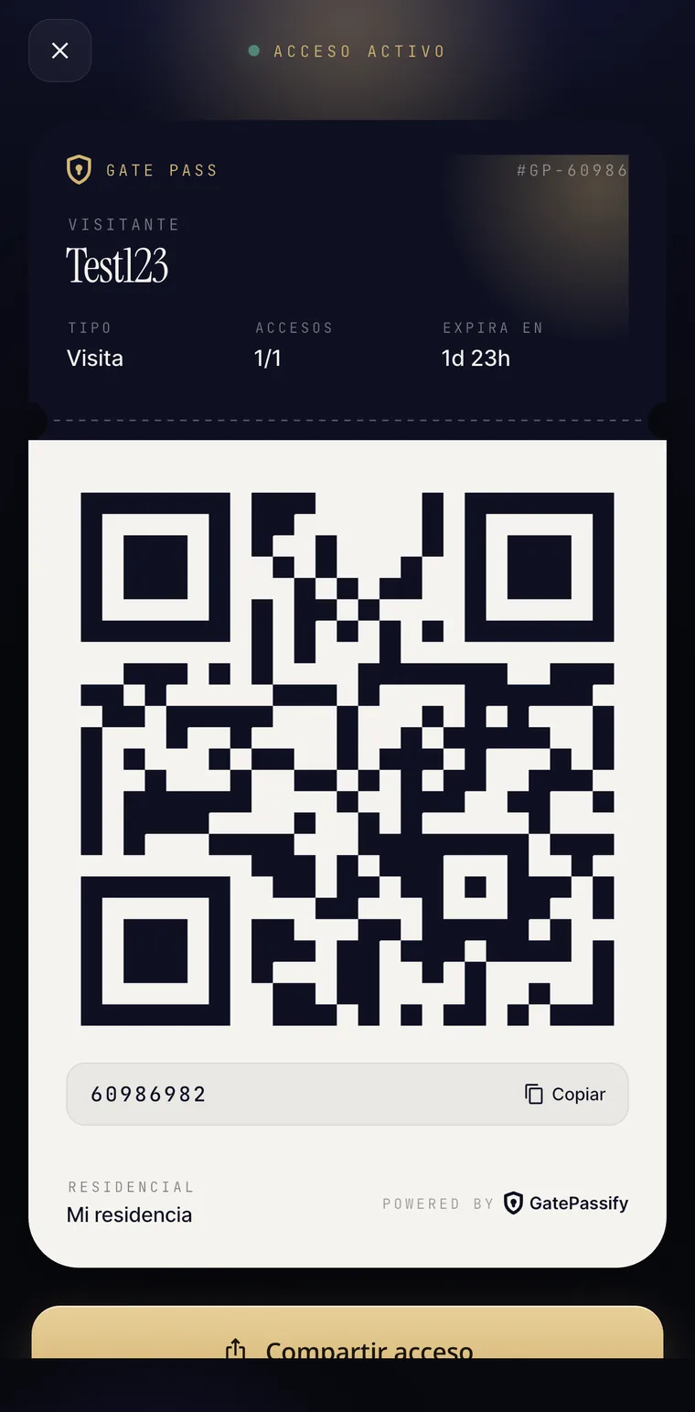 Pantalla de Pase QR en la app GatePassify